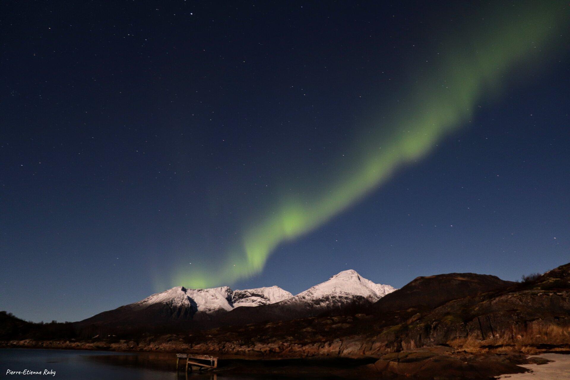 Aurore boréale avec la pleine lune à Senja (Norvège)